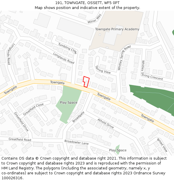 191, TOWNGATE, OSSETT, WF5 0PT: Location map and indicative extent of plot