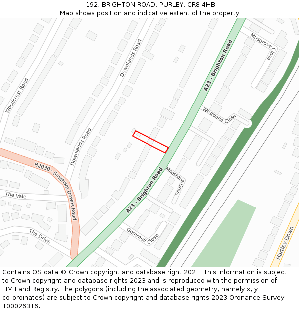 192, BRIGHTON ROAD, PURLEY, CR8 4HB: Location map and indicative extent of plot