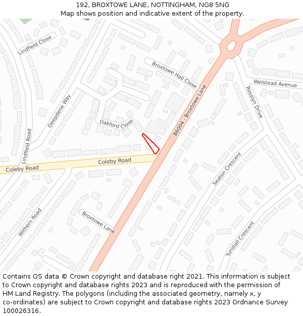 192, BROXTOWE LANE, NOTTINGHAM, NG8 5NG: Location map and indicative extent of plot