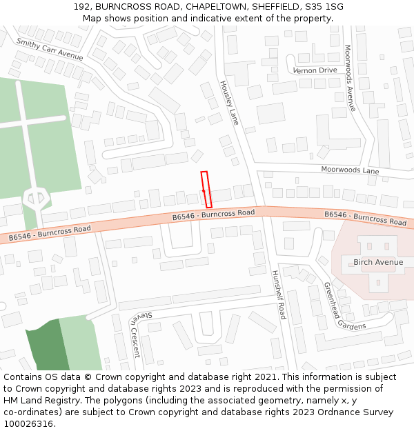 192, BURNCROSS ROAD, CHAPELTOWN, SHEFFIELD, S35 1SG: Location map and indicative extent of plot