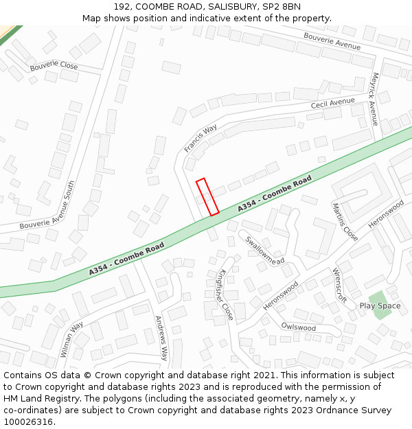 192, COOMBE ROAD, SALISBURY, SP2 8BN: Location map and indicative extent of plot