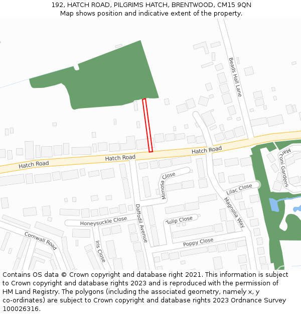 192, HATCH ROAD, PILGRIMS HATCH, BRENTWOOD, CM15 9QN: Location map and indicative extent of plot