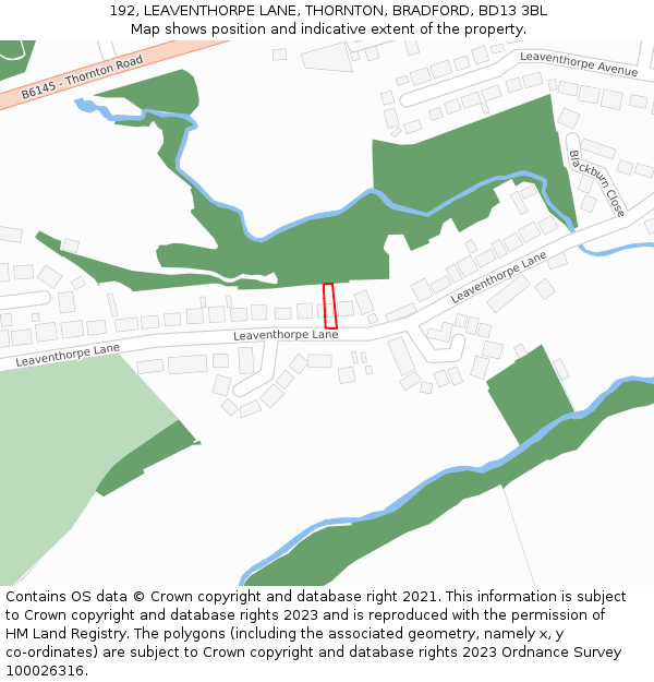 192, LEAVENTHORPE LANE, THORNTON, BRADFORD, BD13 3BL: Location map and indicative extent of plot