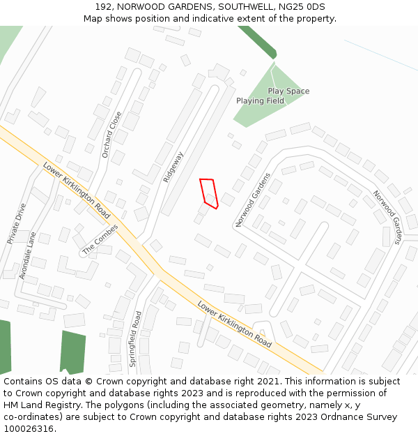 192, NORWOOD GARDENS, SOUTHWELL, NG25 0DS: Location map and indicative extent of plot