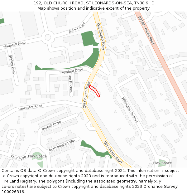 192, OLD CHURCH ROAD, ST LEONARDS-ON-SEA, TN38 9HD: Location map and indicative extent of plot