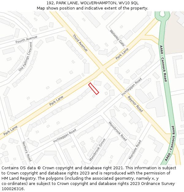 192, PARK LANE, WOLVERHAMPTON, WV10 9QL: Location map and indicative extent of plot