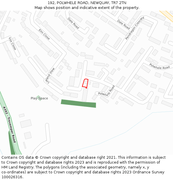 192, POLWHELE ROAD, NEWQUAY, TR7 2TN: Location map and indicative extent of plot