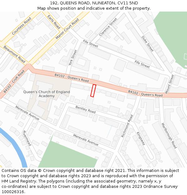 192, QUEENS ROAD, NUNEATON, CV11 5ND: Location map and indicative extent of plot