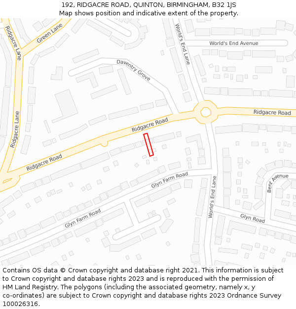192, RIDGACRE ROAD, QUINTON, BIRMINGHAM, B32 1JS: Location map and indicative extent of plot