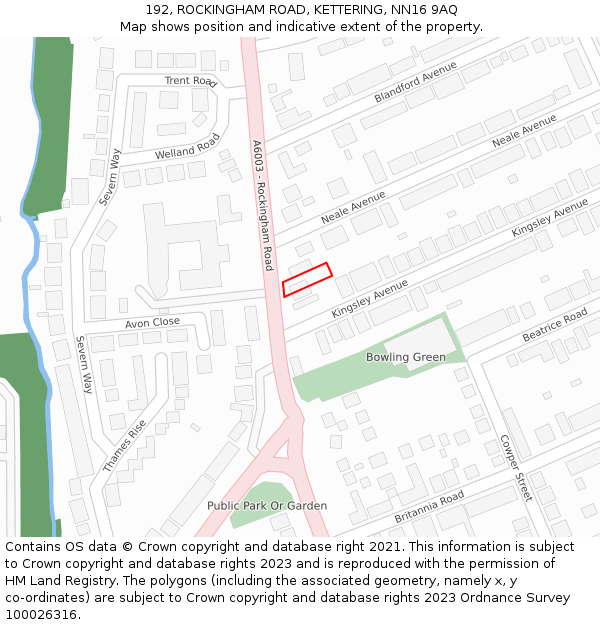 192, ROCKINGHAM ROAD, KETTERING, NN16 9AQ: Location map and indicative extent of plot