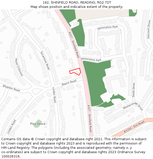 192, SHINFIELD ROAD, READING, RG2 7DT: Location map and indicative extent of plot