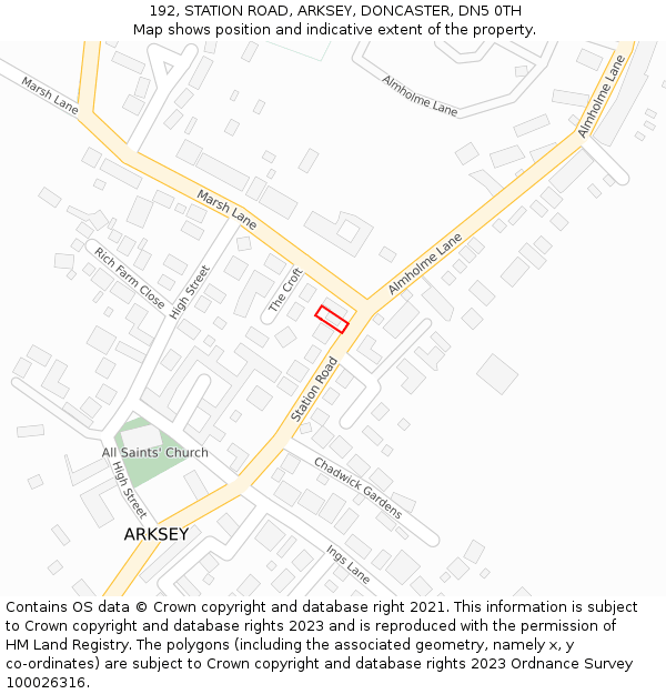 192, STATION ROAD, ARKSEY, DONCASTER, DN5 0TH: Location map and indicative extent of plot