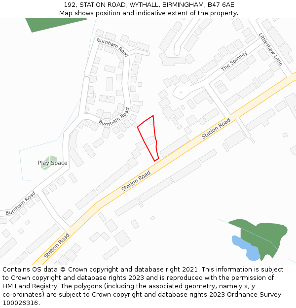 192, STATION ROAD, WYTHALL, BIRMINGHAM, B47 6AE: Location map and indicative extent of plot