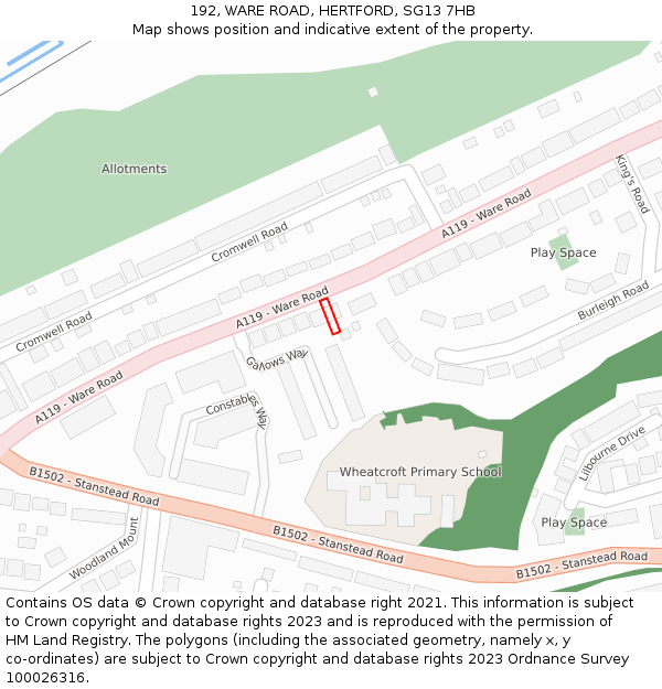 192, WARE ROAD, HERTFORD, SG13 7HB: Location map and indicative extent of plot