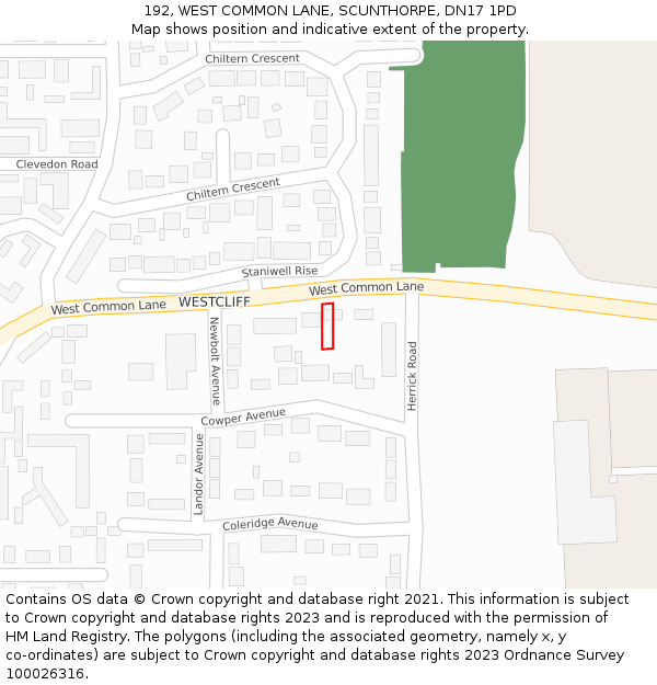 192, WEST COMMON LANE, SCUNTHORPE, DN17 1PD: Location map and indicative extent of plot