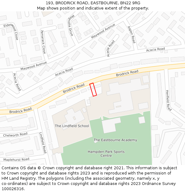 193, BRODRICK ROAD, EASTBOURNE, BN22 9RG: Location map and indicative extent of plot