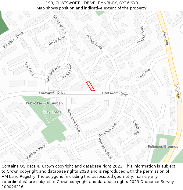 193, CHATSWORTH DRIVE, BANBURY, OX16 9YR: Location map and indicative extent of plot