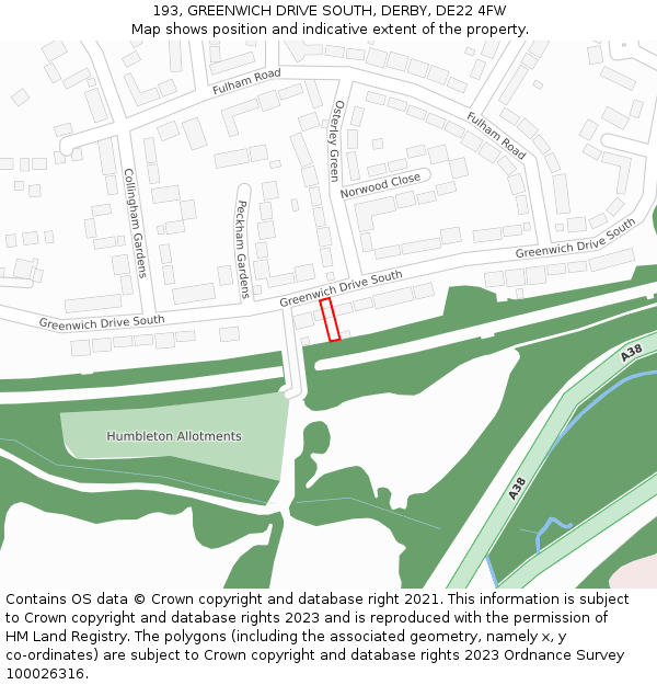 193, GREENWICH DRIVE SOUTH, DERBY, DE22 4FW: Location map and indicative extent of plot