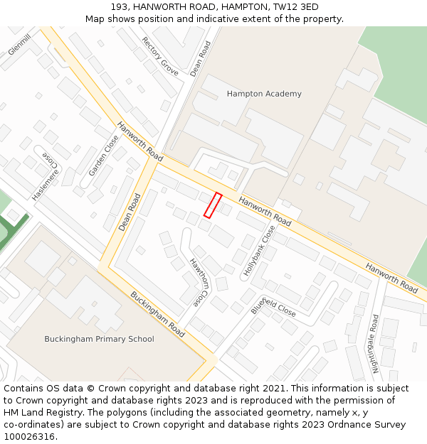 193, HANWORTH ROAD, HAMPTON, TW12 3ED: Location map and indicative extent of plot