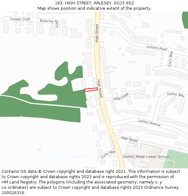 193, HIGH STREET, ARLESEY, SG15 6SZ: Location map and indicative extent of plot