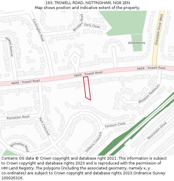 193, TROWELL ROAD, NOTTINGHAM, NG8 2EN: Location map and indicative extent of plot
