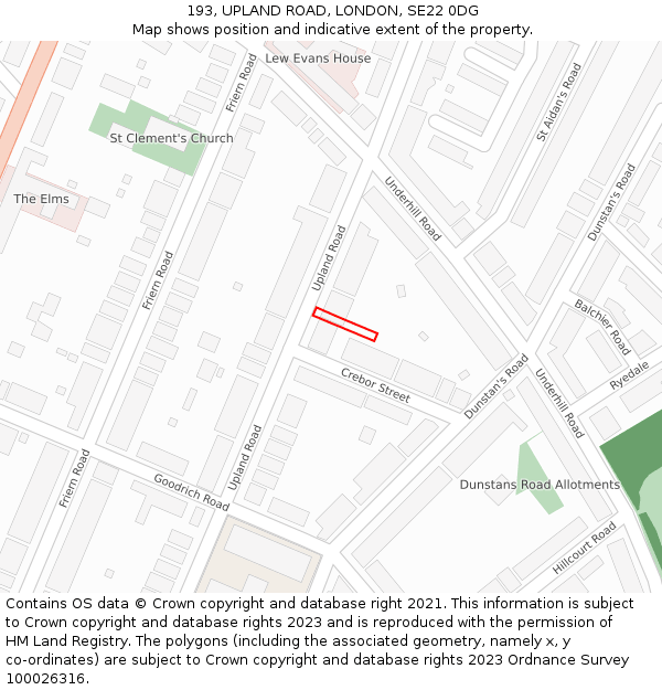 193, UPLAND ROAD, LONDON, SE22 0DG: Location map and indicative extent of plot