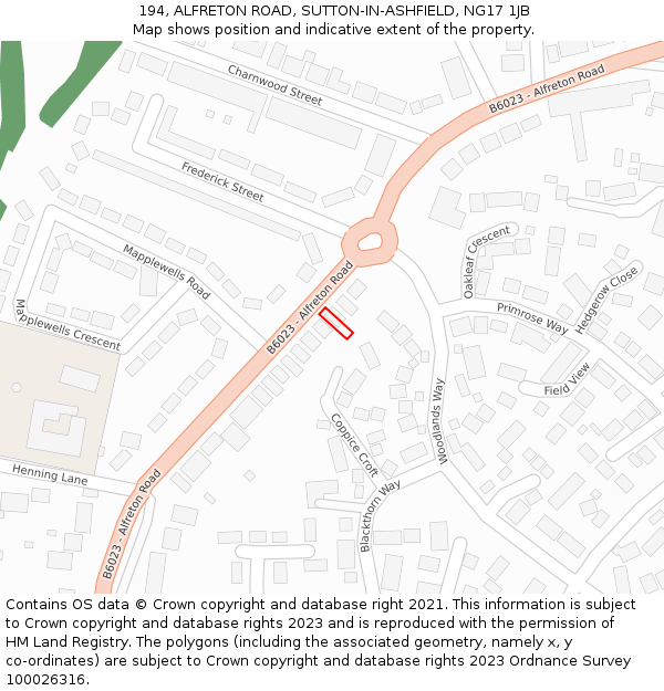 194, ALFRETON ROAD, SUTTON-IN-ASHFIELD, NG17 1JB: Location map and indicative extent of plot