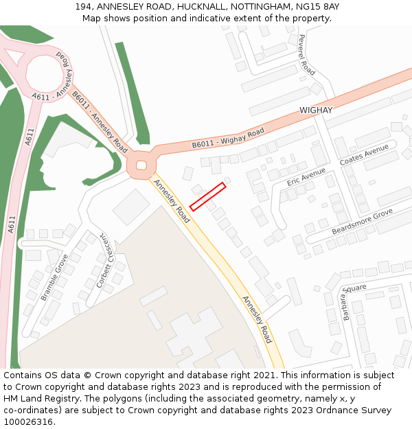 194, ANNESLEY ROAD, HUCKNALL, NOTTINGHAM, NG15 8AY: Location map and indicative extent of plot