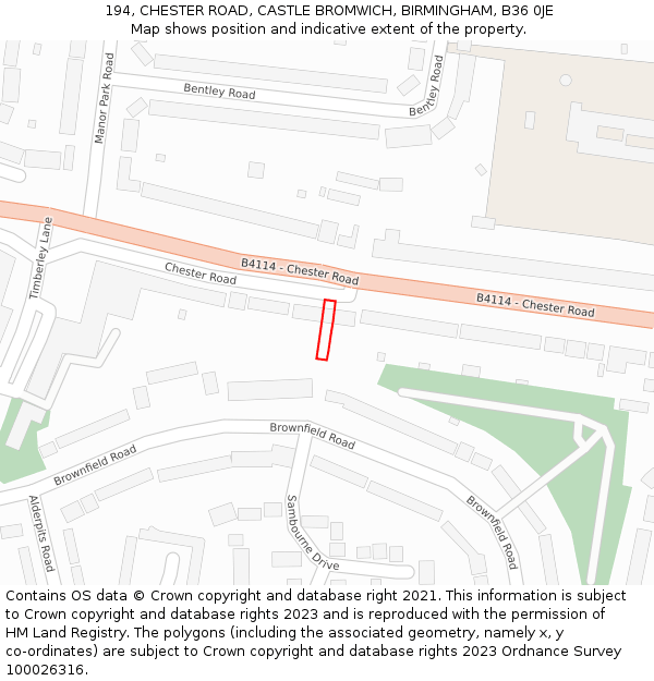 194, CHESTER ROAD, CASTLE BROMWICH, BIRMINGHAM, B36 0JE: Location map and indicative extent of plot