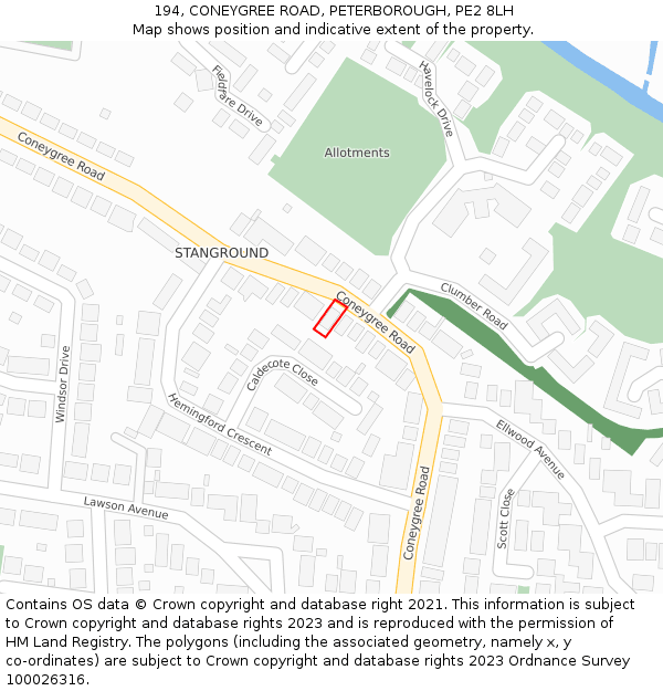 194, CONEYGREE ROAD, PETERBOROUGH, PE2 8LH: Location map and indicative extent of plot