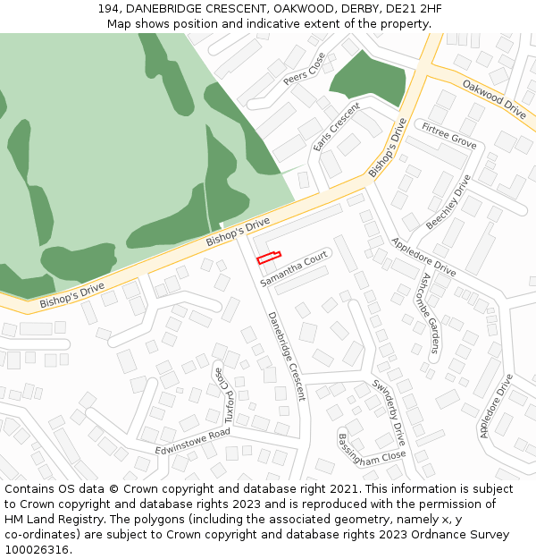 194, DANEBRIDGE CRESCENT, OAKWOOD, DERBY, DE21 2HF: Location map and indicative extent of plot