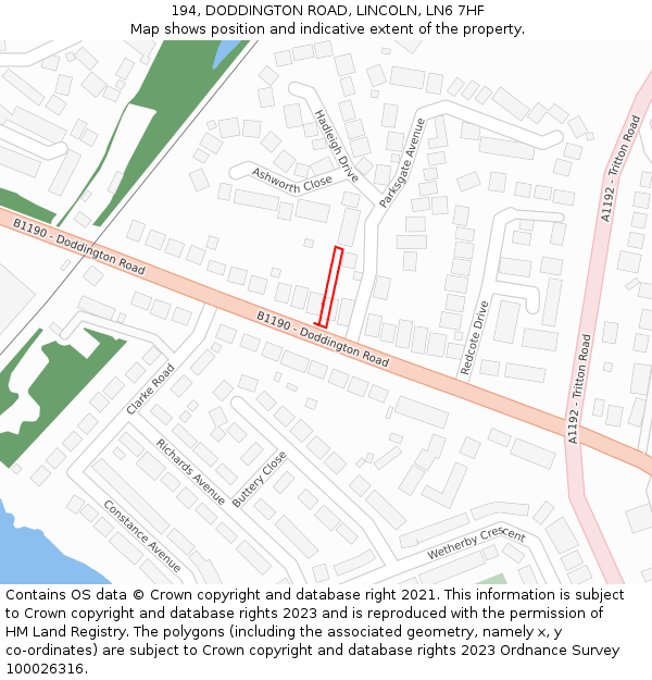 194, DODDINGTON ROAD, LINCOLN, LN6 7HF: Location map and indicative extent of plot