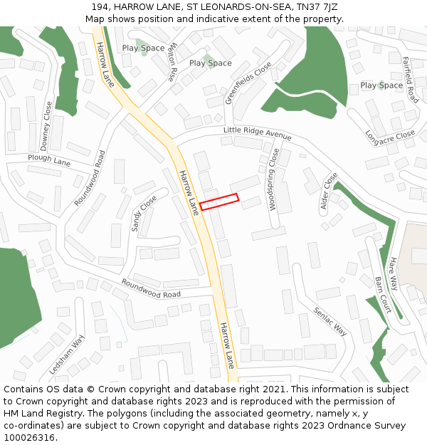 194, HARROW LANE, ST LEONARDS-ON-SEA, TN37 7JZ: Location map and indicative extent of plot