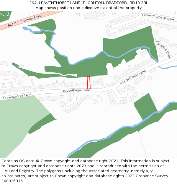 194, LEAVENTHORPE LANE, THORNTON, BRADFORD, BD13 3BL: Location map and indicative extent of plot