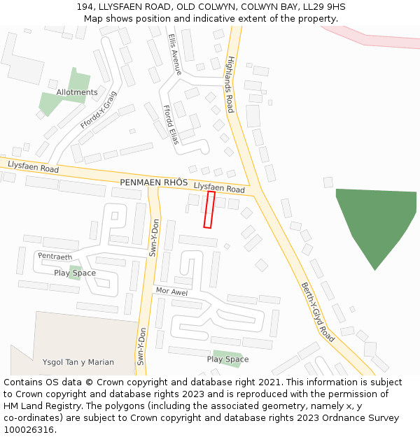 194, LLYSFAEN ROAD, OLD COLWYN, COLWYN BAY, LL29 9HS: Location map and indicative extent of plot