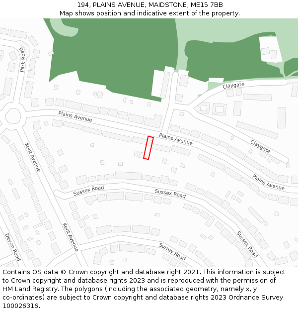 194, PLAINS AVENUE, MAIDSTONE, ME15 7BB: Location map and indicative extent of plot