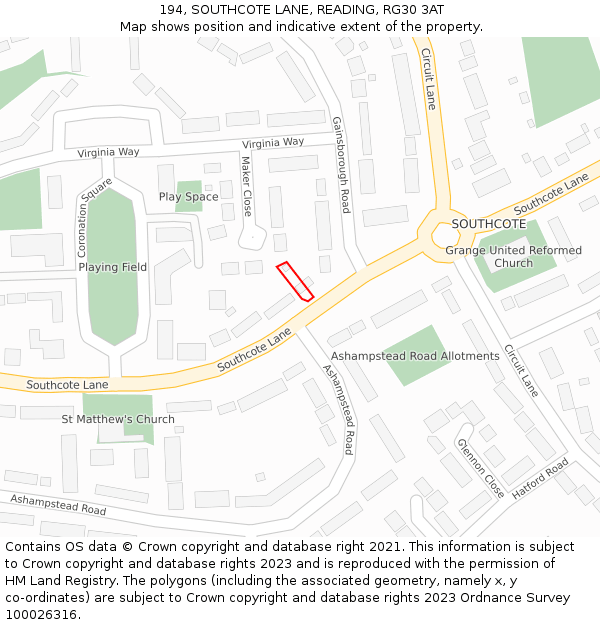 194, SOUTHCOTE LANE, READING, RG30 3AT: Location map and indicative extent of plot