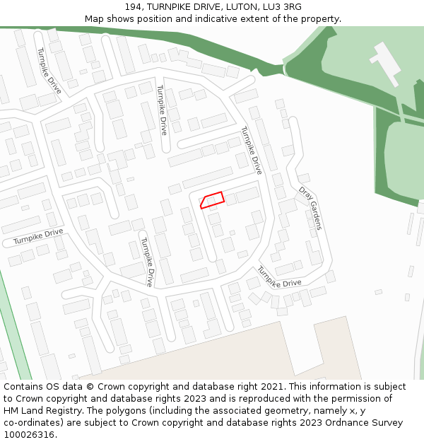 194, TURNPIKE DRIVE, LUTON, LU3 3RG: Location map and indicative extent of plot