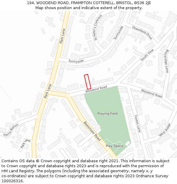 194, WOODEND ROAD, FRAMPTON COTTERELL, BRISTOL, BS36 2JE: Location map and indicative extent of plot