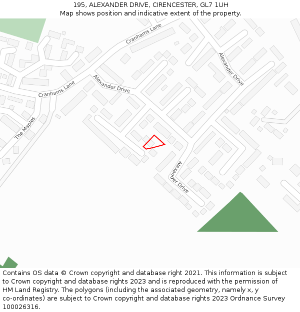 195, ALEXANDER DRIVE, CIRENCESTER, GL7 1UH: Location map and indicative extent of plot