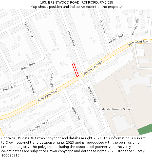195, BRENTWOOD ROAD, ROMFORD, RM1 2SJ: Location map and indicative extent of plot