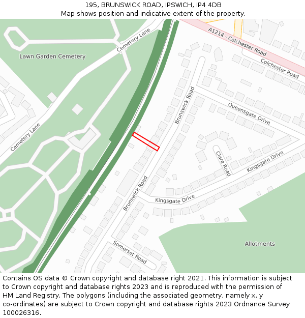 195, BRUNSWICK ROAD, IPSWICH, IP4 4DB: Location map and indicative extent of plot