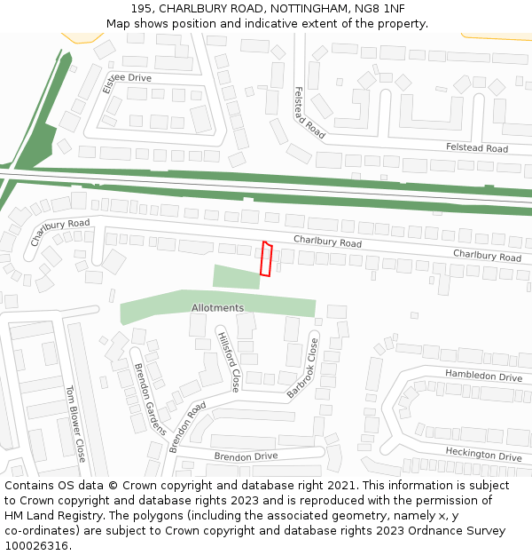 195, CHARLBURY ROAD, NOTTINGHAM, NG8 1NF: Location map and indicative extent of plot