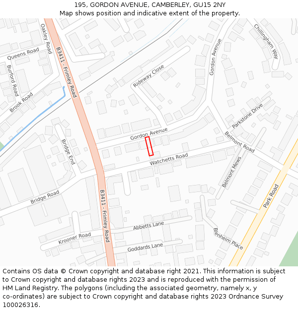 195, GORDON AVENUE, CAMBERLEY, GU15 2NY: Location map and indicative extent of plot