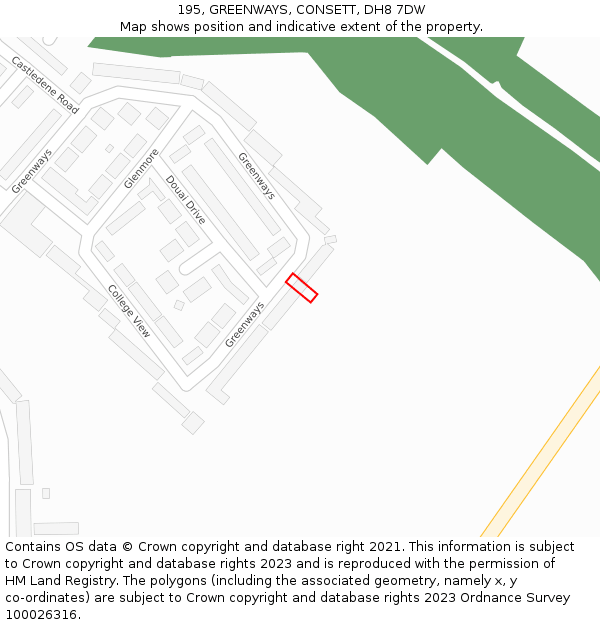 195, GREENWAYS, CONSETT, DH8 7DW: Location map and indicative extent of plot