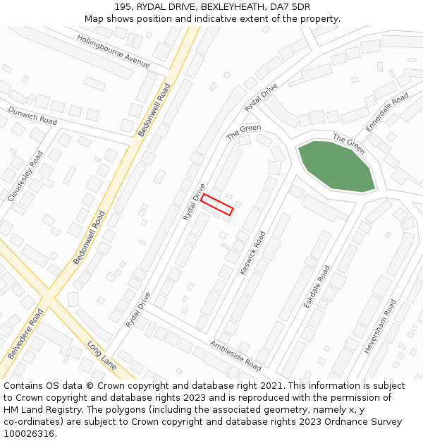 195, RYDAL DRIVE, BEXLEYHEATH, DA7 5DR: Location map and indicative extent of plot
