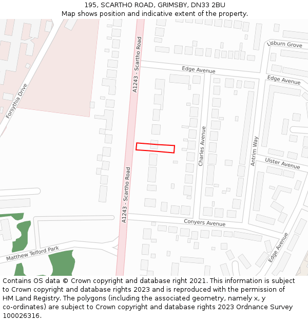 195, SCARTHO ROAD, GRIMSBY, DN33 2BU: Location map and indicative extent of plot