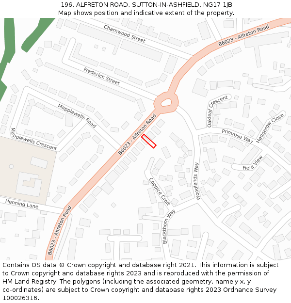 196, ALFRETON ROAD, SUTTON-IN-ASHFIELD, NG17 1JB: Location map and indicative extent of plot