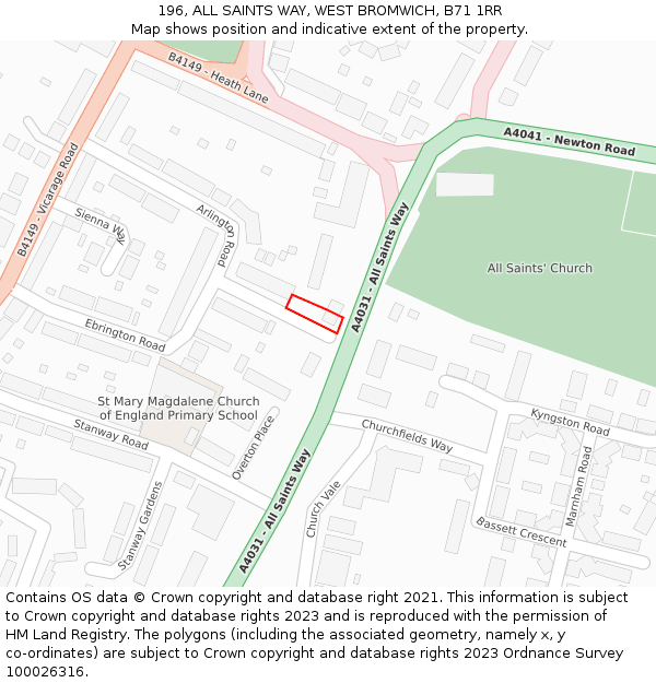 196, ALL SAINTS WAY, WEST BROMWICH, B71 1RR: Location map and indicative extent of plot