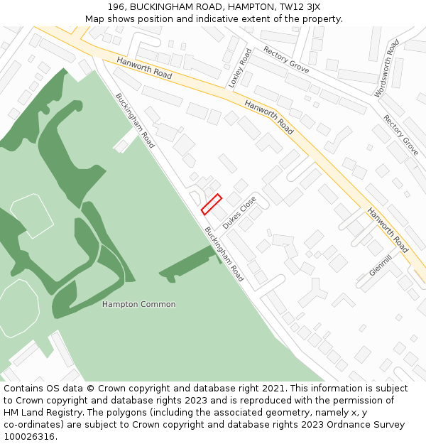 196, BUCKINGHAM ROAD, HAMPTON, TW12 3JX: Location map and indicative extent of plot